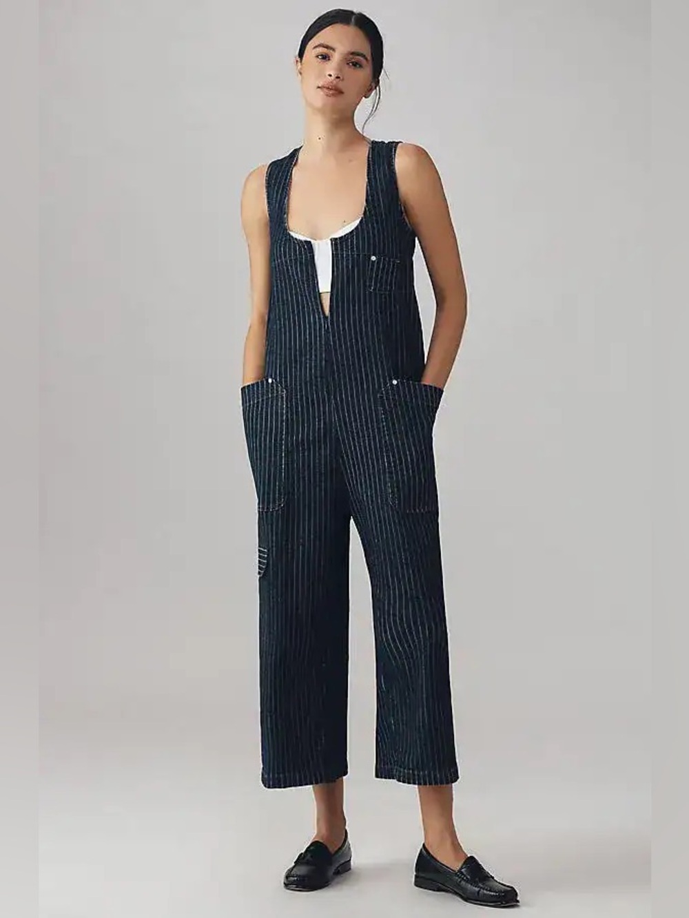 Pilcro Anthropologie Pinstripe Denim Jumpsuit Wide Leg Overalls Large